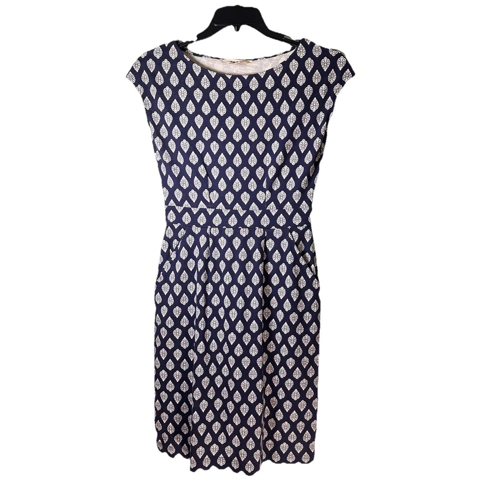 Boden Dress 2R  Navy Cream Print Florrie Cotton T Shirt Knit Midi Pockets Sheath